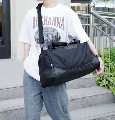 Canvas Gym Bag, Black, Wear-Resistant Sport Duffel with Removable Hook, Multiple Compartments in Kuwait