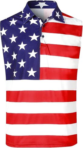 Evlyn Men's 4th of July Red White Blue Star Stripes Patriotic Sleeveless Polo Shirts in Saudi Arabia