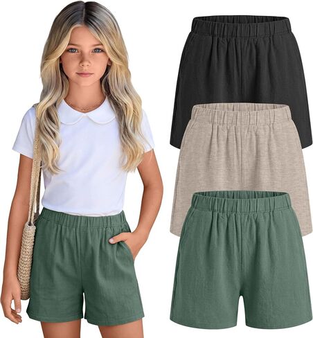 3 Pack Girls' Linen Short with Pockets High Waist Wide Leg Elastic Waist Loose Fit Casual Summer Pants 5-14 Years in Kuwait