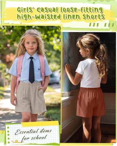 3 Pack Girls' Linen Short with Pockets High Waist Wide Leg Elastic Waist Loose Fit Casual Summer Pants 5-14 Years in Saudi Arabia