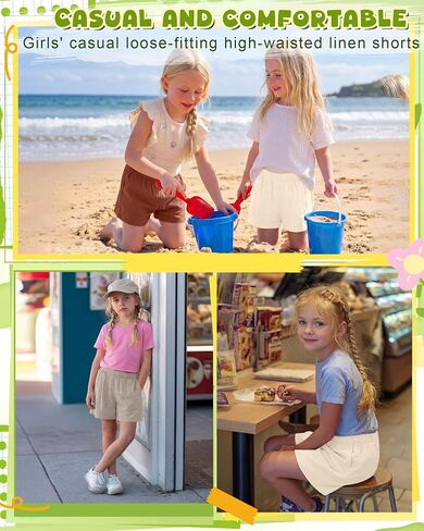3 Pack Girls' Linen Short with Pockets High Waist Wide Leg Elastic Waist Loose Fit Casual Summer Pants 5-14 Years in Saudi Arabia