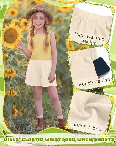 3 Pack Girls' Linen Short with Pockets High Waist Wide Leg Elastic Waist Loose Fit Casual Summer Pants 5-14 Years in Saudi Arabia