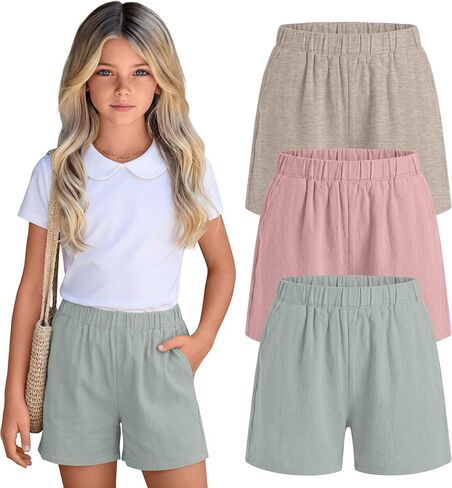 3 Pack Girls' Linen Short with Pockets High Waist Wide Leg Elastic Waist Loose Fit Casual Summer Pants 5-14 Years in Saudi Arabia