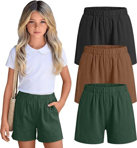 3 Pack Girls' Linen Short with Pockets High Waist Wide Leg Elastic Waist Loose Fit Casual Summer Pants 5-14 Years in Saudi Arabia