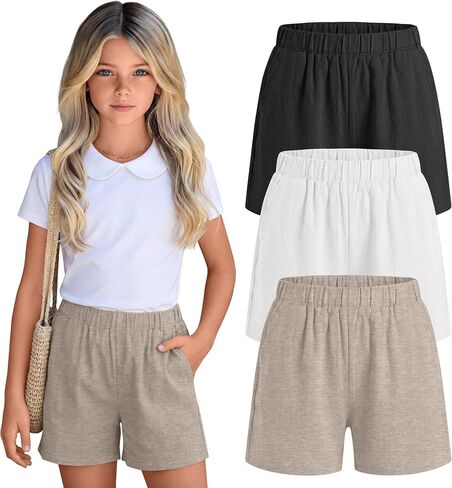 3 Pack Girls' Linen Short with Pockets High Waist Wide Leg Elastic Waist Loose Fit Casual Summer Pants 5-14 Years in Saudi Arabia