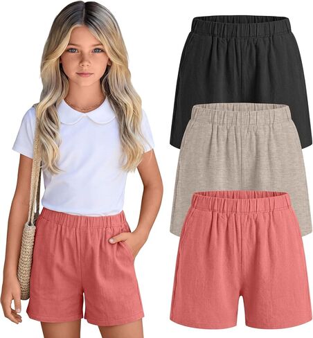 3 Pack Girls' Linen Short with Pockets High Waist Wide Leg Elastic Waist Loose Fit Casual Summer Pants 5-14 Years in Saudi Arabia