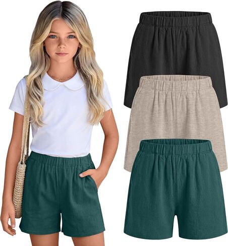 3 Pack Girls' Linen Short with Pockets High Waist Wide Leg Elastic Waist Loose Fit Casual Summer Pants 5-14 Years in Saudi Arabia