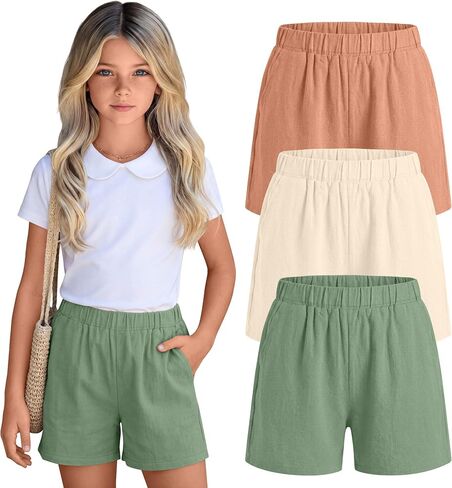 3 Pack Girls' Linen Short with Pockets High Waist Wide Leg Elastic Waist Loose Fit Casual Summer Pants 5-14 Years in Saudi Arabia