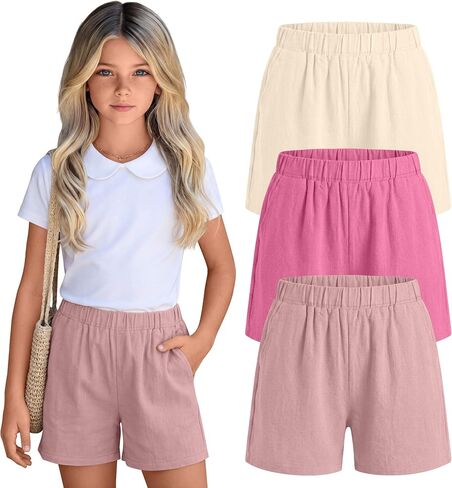 3 Pack Girls' Linen Short with Pockets High Waist Wide Leg Elastic Waist Loose Fit Casual Summer Pants 5-14 Years in Saudi Arabia