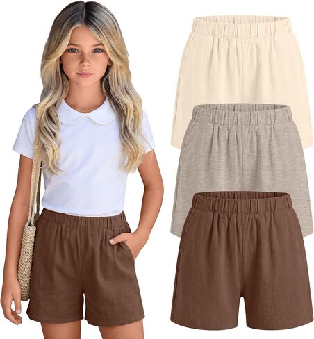 3 Pack Girls' Linen Short with Pockets High Waist Wide Leg Elastic Waist Loose Fit Casual Summer Pants 5-14 Years in Saudi Arabia