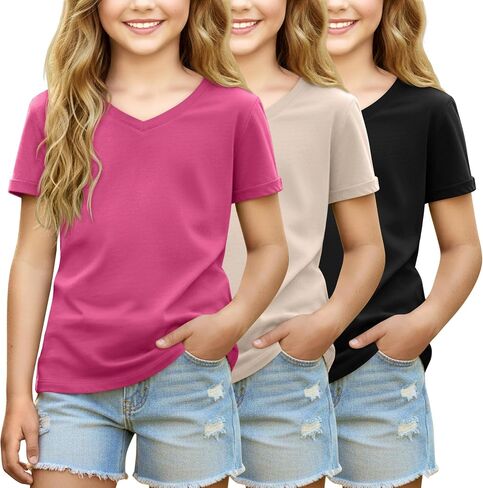 3 Pack Girls' Short Sleeve V Neck T Shirts Summer Soft Tops Loose Fit Rolled Sleeve Tees Solid Shirts 5-14 in Saudi Arabia