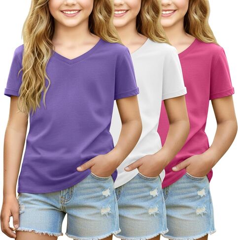 3 Pack Girls' Short Sleeve V Neck T Shirts Summer Soft Tops Loose Fit Rolled Sleeve Tees Solid Shirts 5-14 in Kuwait