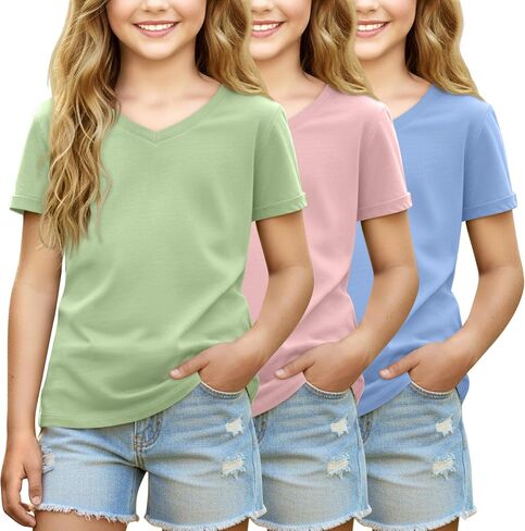 3 Pack Girls' Short Sleeve V Neck T Shirts Summer Soft Tops Loose Fit Rolled Sleeve Tees Solid Shirts 5-14 in Kuwait