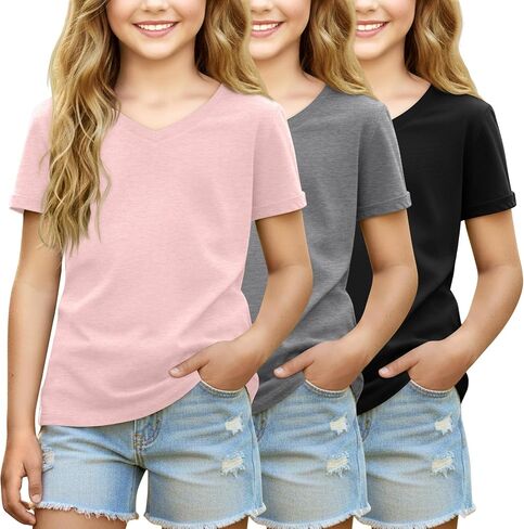 3 Pack Girls' Short Sleeve V Neck T Shirts Summer Soft Tops Loose Fit Rolled Sleeve Tees Solid Shirts 5-14 in Kuwait