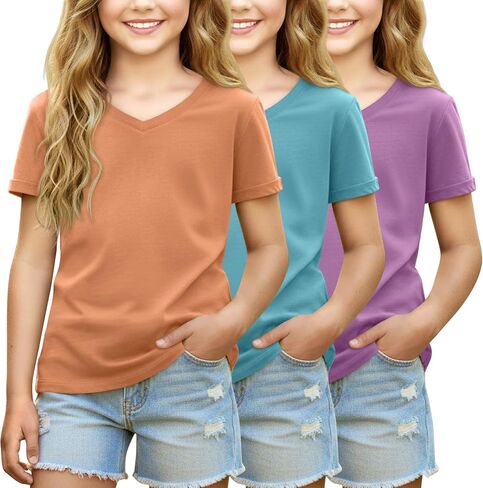 3 Pack Girls' Short Sleeve V Neck T Shirts Summer Soft Tops Loose Fit Rolled Sleeve Tees Solid Shirts 5-14 in Kuwait