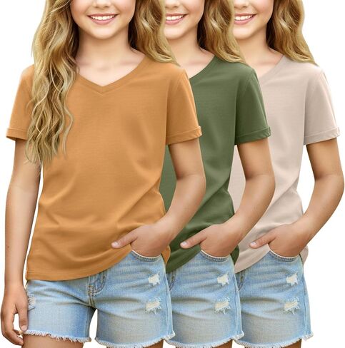 3 Pack Girls' Short Sleeve V Neck T Shirts Summer Soft Tops Loose Fit Rolled Sleeve Tees Solid Shirts 5-14 in Kuwait