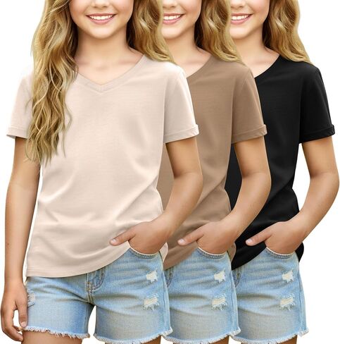 3 Pack Girls' Short Sleeve V Neck T Shirts Summer Soft Tops Loose Fit Rolled Sleeve Tees Solid Shirts 5-14 in Kuwait