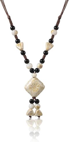 Gmai Colorful Handmade Ceramic Beaded Necklace, Boho Ethnic Tribal Style, Adjustable Woven Cord, Hippie Vintage Statement Jewelry for Women with Gift Box in Saudi Arabia
