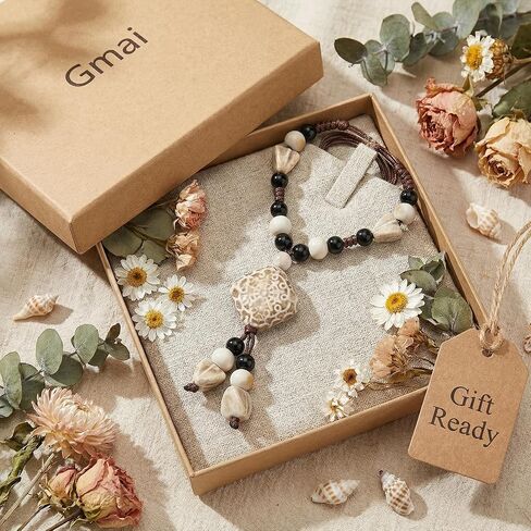 Gmai Colorful Handmade Ceramic Beaded Necklace, Boho Ethnic Tribal Style, Adjustable Woven Cord, Hippie Vintage Statement Jewelry for Women with Gift Box in Saudi Arabia