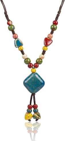 Gmai Colorful Handmade Ceramic Beaded Necklace, Boho Ethnic Tribal Style, Adjustable Woven Cord, Hippie Vintage Statement Jewelry for Women with Gift Box in Saudi Arabia