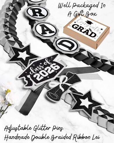 CiyvoLyeen Graduation Leis with Glitter Pins Class of 2026 Decoration Handmade Double Braided Ribbon Garland for Graduate Her Him High School University Graduation Gift Idea (Black & Silver) in Kuwait