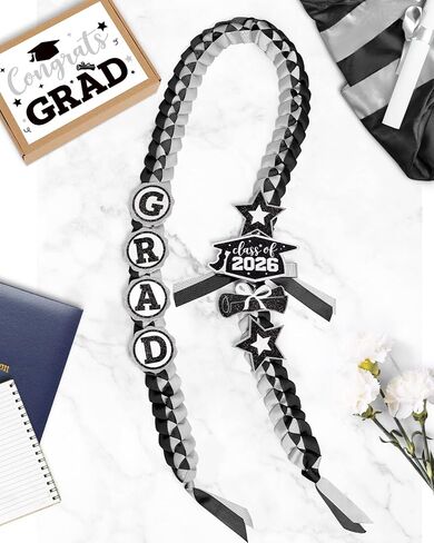 CiyvoLyeen Graduation Leis with Glitter Pins Class of 2026 Decoration Handmade Double Braided Ribbon Garland for Graduate Her Him High School University Graduation Gift Idea (Black & Silver) in Kuwait