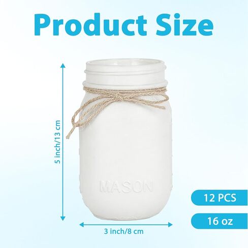 White Mason Jars 16oz 12 Pack 3 x 5 Inch, Vintage Glass Vases with Jute Twine, for Wedding Centerpieces, Bridal & Baby Shower Party Decor in Saudi Arabia