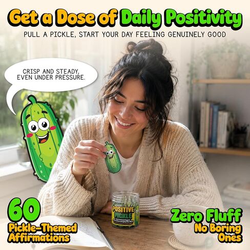 Positive Pickle Jar - 60 Positive Affirmation Cards with Display Clip Stand - Emotional Support Pickle Birthday Gift for Women & Friends - Teen Girls Trendy Stuff - Motivational Desk Decor in Saudi Arabia
