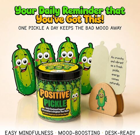 Positive Pickle Jar - 60 Positive Affirmation Cards with Display Clip Stand - Emotional Support Pickle Birthday Gift for Women & Friends - Teen Girls Trendy Stuff - Motivational Desk Decor in Saudi Arabia