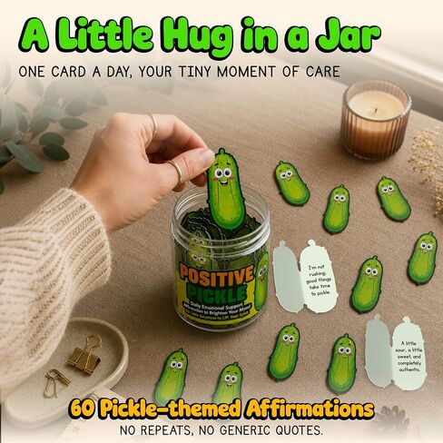 Positive Pickle Jar - 60 Positive Affirmation Cards with Display Clip Stand - Emotional Support Pickle Birthday Gift for Women & Friends - Teen Girls Trendy Stuff - Motivational Desk Decor in Saudi Arabia
