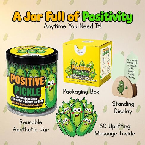 Positive Pickle Jar - 60 Positive Affirmation Cards with Display Clip Stand - Emotional Support Pickle Birthday Gift for Women & Friends - Teen Girls Trendy Stuff - Motivational Desk Decor in Saudi Arabia