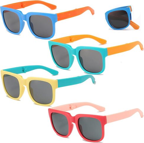4 Pack Kids Sunglasses, Foldable Toddler Sunglasses Age 2-4 6-8 10-12 Boys Girls, Cute Sun Glasses for Kids(Rectangle) in Kuwait