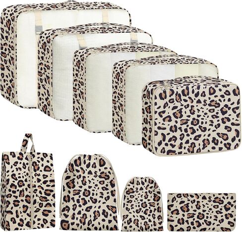 9 Set Packing Cubes for Travel Essentials - Lightweight Carry-On Luggage Organizer Bags with Shoe, Clothes & Laundry Bags for Airplane, Family & Business Travel, Pink leopard print in Saudi Arabia