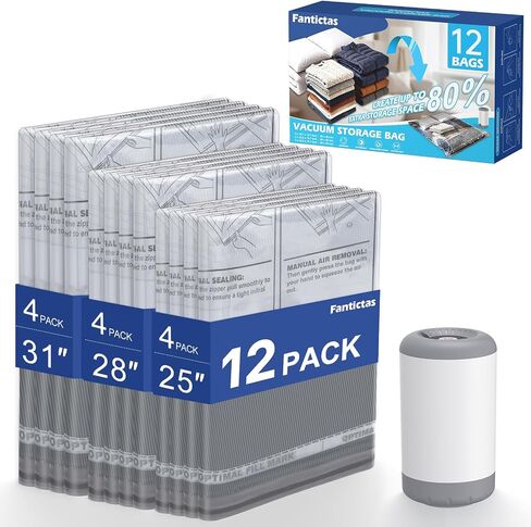 Fantictas Travel Vacuum Bags with Pump, 12 Pack Small Vacuum Storage Bags for Clothing, Travel Lugggage and Suitcase 80% Space Saver Vacuum Seal Bags for Clothing, Comforters in Saudi Arabia