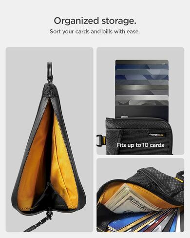 محفظة بطاقات Spigen Life for Soft Material، محفظة EDC رفيعة لمنع RFID مع جيب شبكي، حزام على شكل حرف D، سحاب YKK مقاوم للماء، حامل بطاقات حمل يومي خفيف الوزن - أسود in Kuwait