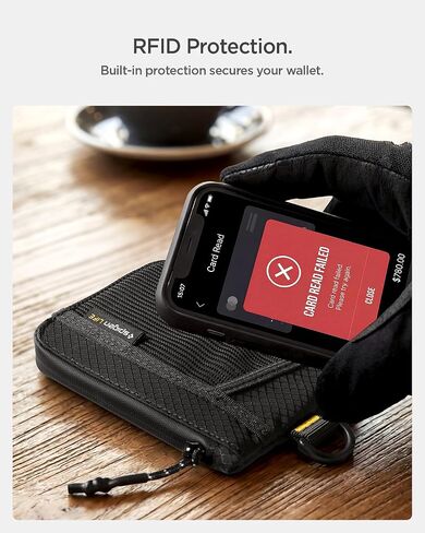 محفظة بطاقات Spigen Life for Soft Material، محفظة EDC رفيعة لمنع RFID مع جيب شبكي، حزام على شكل حرف D، سحاب YKK مقاوم للماء، حامل بطاقات حمل يومي خفيف الوزن - أسود in Kuwait