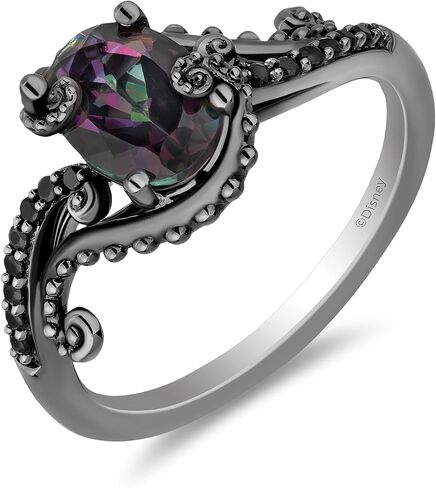 Jewelili Enchanted Disney Fine Jewelry Black Rhodium over Sterling Silver with 1/6 CTTW Diamonds and Mystic Fire Topaz Ursula Ring in Kuwait