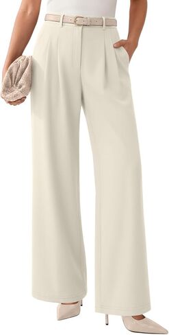 LILLUSORY Pleated Front High Waisted Dress Pants Light Stretch Wide Leg Button Trousers with Pockets in Kuwait