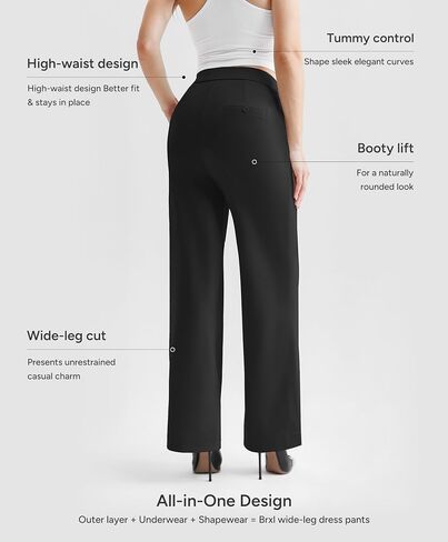 BRXL Women's 2 in 1 Dress Pants with Zip Pockets Tummy Control Shapewear Wide Leg Winkle Free Business Work Casual in Kuwait