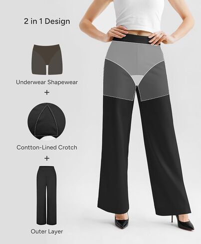 BRXL Women's 2 in 1 Dress Pants with Zip Pockets Tummy Control Shapewear Wide Leg Winkle Free Business Work Casual in Kuwait
