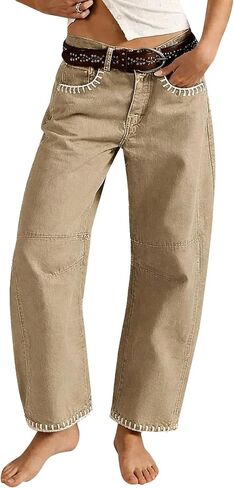 Flamingals Mid Rise Barrel Leg Pants for Women Contrast Stitch Trendy Loose Fit Pants Without Belt in Kuwait