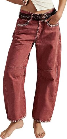 Flamingals Mid Rise Barrel Leg Pants for Women Contrast Stitch Trendy Loose Fit Pants Without Belt in Kuwait
