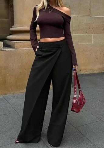 Kwunbwa Women's Wide Leg Asymmetrical Dress Pants High Waisted Slacks Casual Work Business Trousers in Saudi Arabia