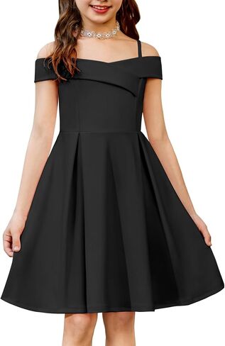Arshiner Girls Summer Dress Off Shoulder Fold Pleated Formal Elegant A-Line Party Dresses with Pocket in Kuwait