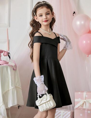 Arshiner Girls Summer Dress Off Shoulder Fold Pleated Formal Elegant A-Line Party Dresses with Pocket in Kuwait