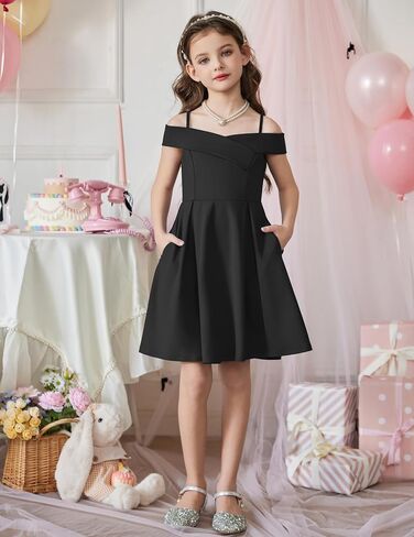 Arshiner Girls Summer Dress Off Shoulder Fold Pleated Formal Elegant A-Line Party Dresses with Pocket in Kuwait