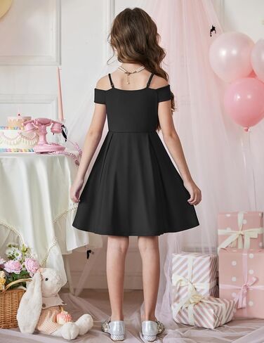 Arshiner Girls Summer Dress Off Shoulder Fold Pleated Formal Elegant A-Line Party Dresses with Pocket in Kuwait
