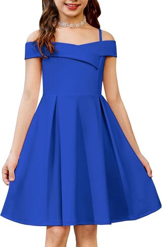 Arshiner Girls Summer Dress Off Shoulder Fold Pleated Formal Elegant A-Line Party Dresses with Pocket in Kuwait