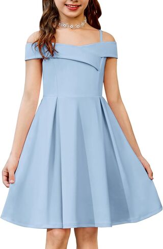 Arshiner Girls Summer Dress Off Shoulder Fold Pleated Formal Elegant A-Line Party Dresses with Pocket in Kuwait