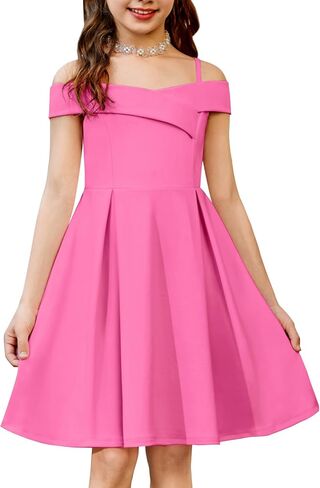 Arshiner Girls Summer Dress Off Shoulder Fold Pleated Formal Elegant A-Line Party Dresses with Pocket in Kuwait